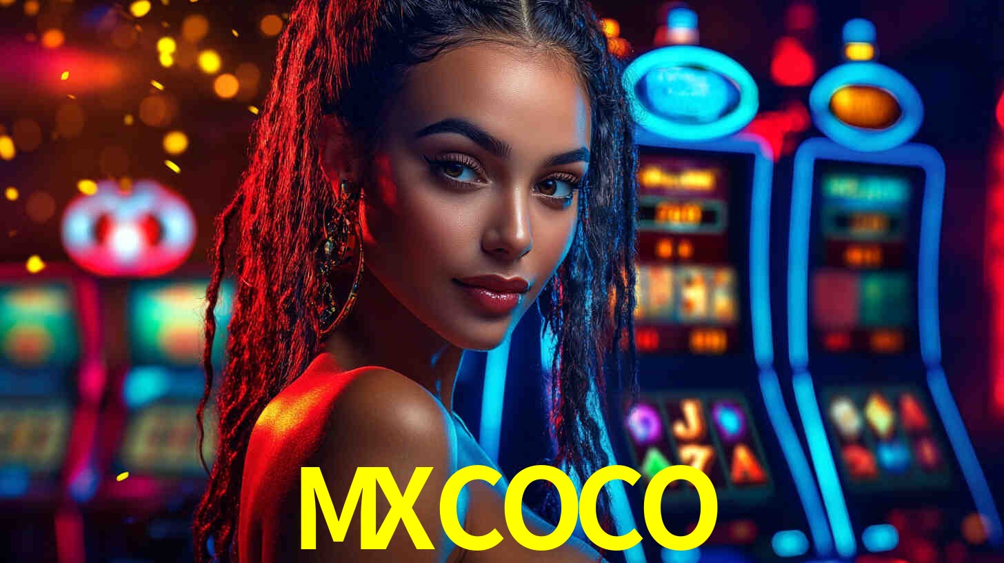 Una escena digital vívida inspirada en casino con MXCOCO mostrado prominentemente, luces brillantes, fichas, cartas y acentos dorados.
