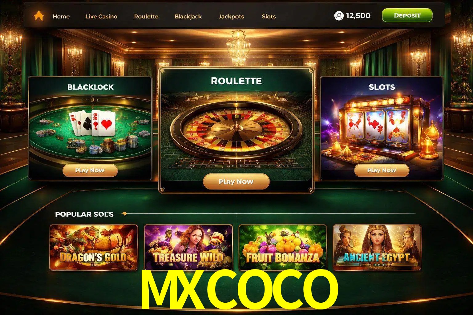 Vista de la plataforma MXCOCO Casino mostrando categorías organizadas de juegos en línea